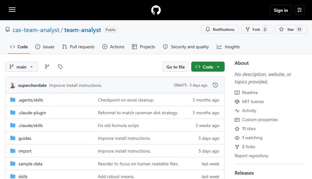 Screenshot of the TeamAnalyst GitHub project page.