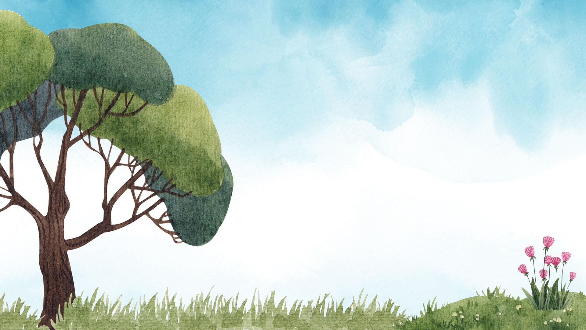 Background image of watercolor painting of grass, tree, and a blue sky
